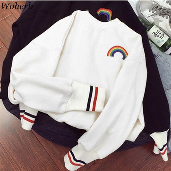 Woherb Korean Girls Kawaii Suéter Arco-íris Impressão Bonito Hoodies Outono Outono Fina Harajuku Hoodie Crewneck Sueter 201202