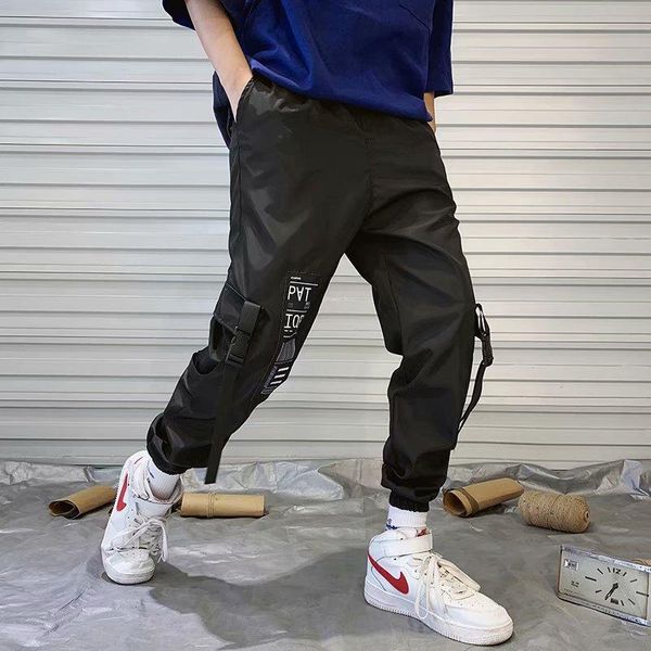 

ribbons men's harem pants elastic waist sweatpants male hip hop pants leisure 2021 new summer fashion streetwear men, Black