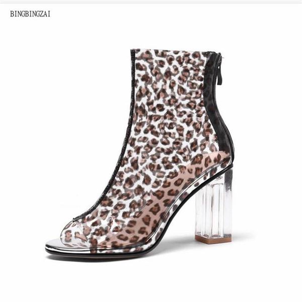 

new style women's boots leopard print short boots fashion peep toe cool 8cm crystal thick heel 3-13 14, Black