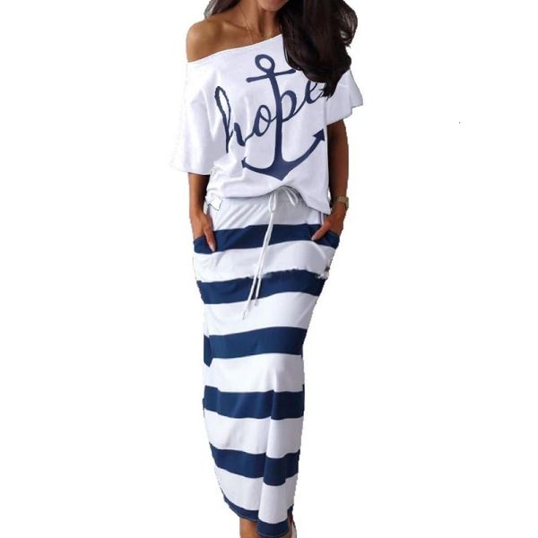 

two piece set women hope boat anchor print shirts striped ankle-length dress off shoulder sets dress africa clothing, Red