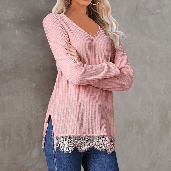 

women solid v neck autumn and winter t-shirt loose long sleeves shirt female fashion lace patchwork plus size t-shirts 3xl
