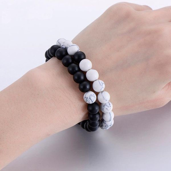 

2pcs/set lovers lava beaded bracelets natural stone white black and red classic beaded bracelets for men women adjustable