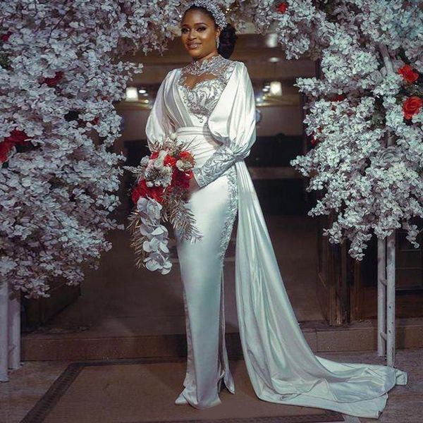 

2021 luxurious arabic aso ebi mermaid wedding dress 2021 high neck flare sleeves bridal gowns robe de soirée garden wedding gowns, White