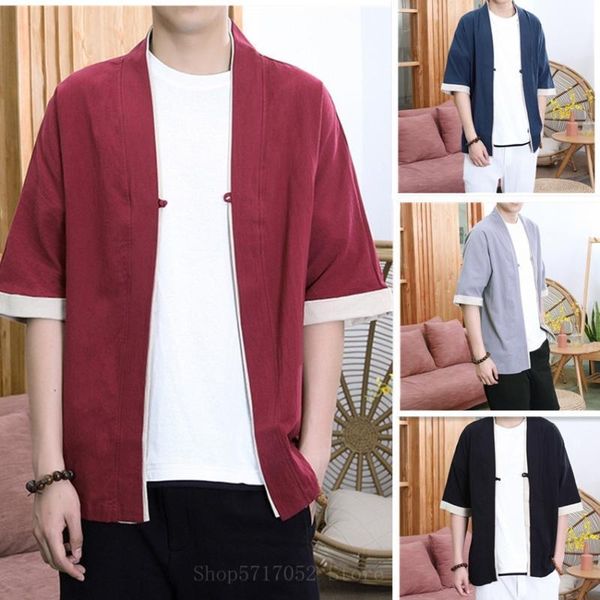

japanese kimono cardigan men traditional haori samurai solid color jacket costume male summer plus size casual loose streetwear1, Red
