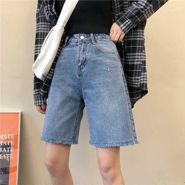 

new 2020 summer women's jeans high waist casual denim pants female 2 colors streetwear tassel wild knee length wide leg pants11, Blue