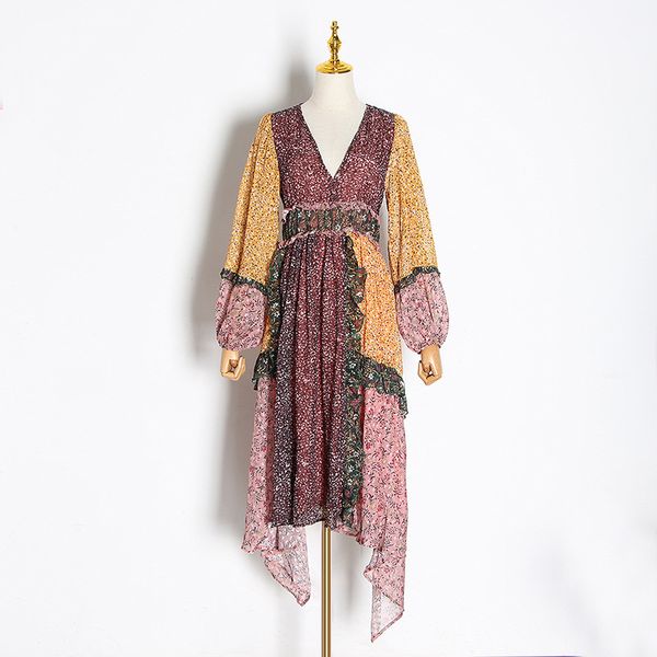 

2020 spring and summer new trend holiday chiffon floral color matching retro waist irregular dress women ing, White;black