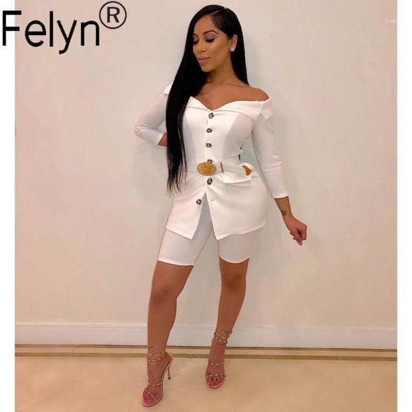 

felyn 2020 new arrival fashion design two pieces blazer women set button off shoulder blazer and shorts office lady wear suits1, White