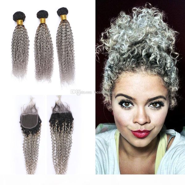 

ombre 1b grey afro curly hair 3bundles with lace closure two tone silver kinky curly hair weaves with lace closure, Black;brown