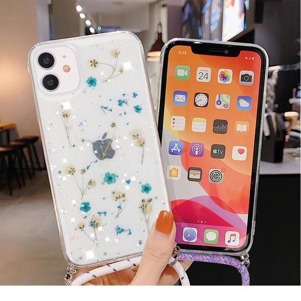 

lanyards real dry flower glitter clear case for iphone 8 7 plus 6 6s transparent case for iphone x x qylvlq