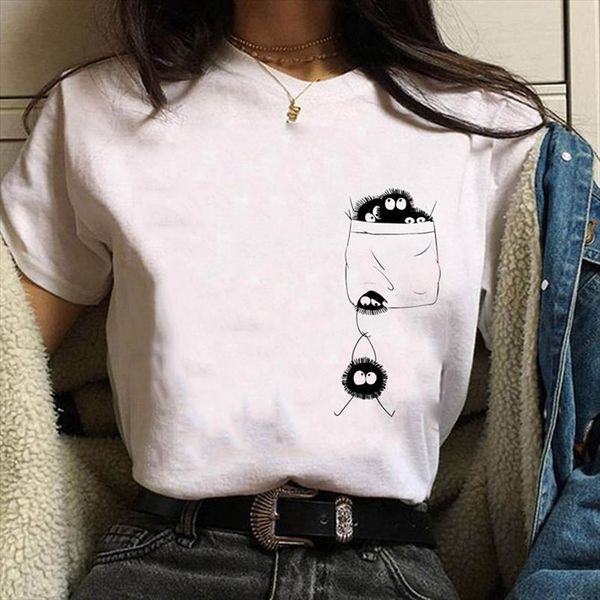 

anime tees ghibli totoro dustbunny harajuku kawaii футболка женщины ullzang смешной мультфильм футболка 90s streetwear top tee woman, White