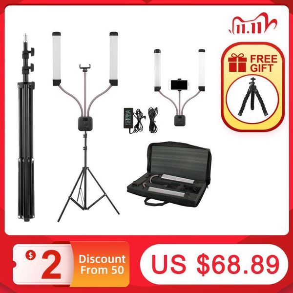 

p studio double arms fill selfie ring light with 200cm tripod long led strips add stand 3000k-600k led for camera1