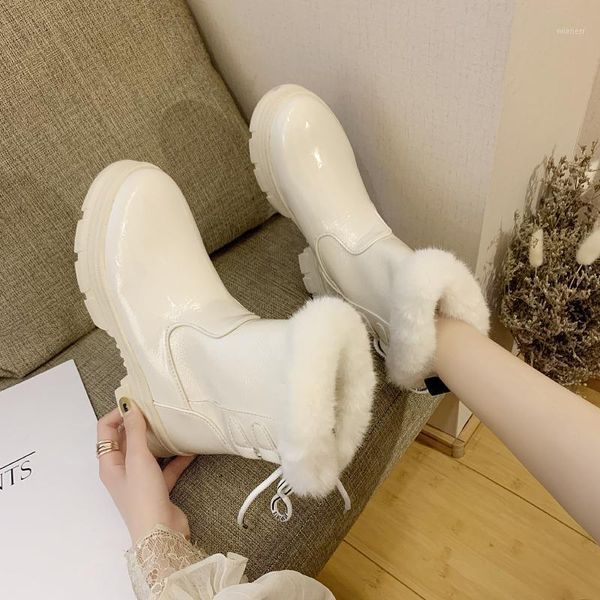 

winter snow boots women fashion leather boots back lace-up 4cm heel shoes botas mujer warm flats casual1, Black