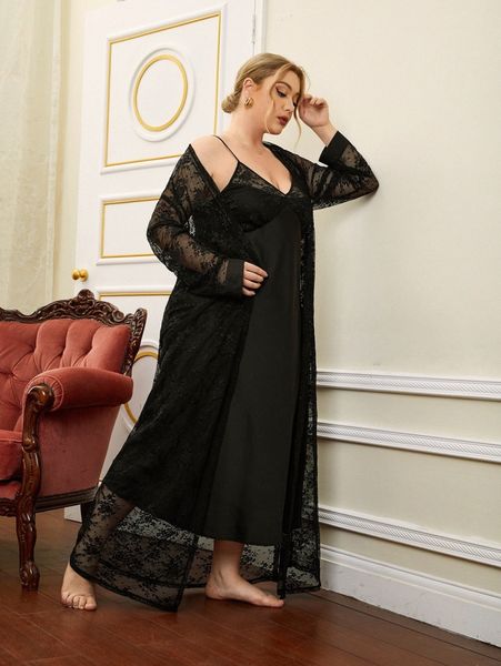 

plus contrast lace satin cami night dress & robe set j0ly#, Black;white