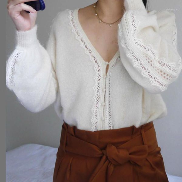 

lace hollow out sweater women's v-neck long sleeve white or black knitted cardigans1