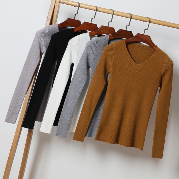 

queechalle new 2020 autumn winter knitted pullover sweater women's v neck long sleeve slim solid basic sweaters female gray, White;black