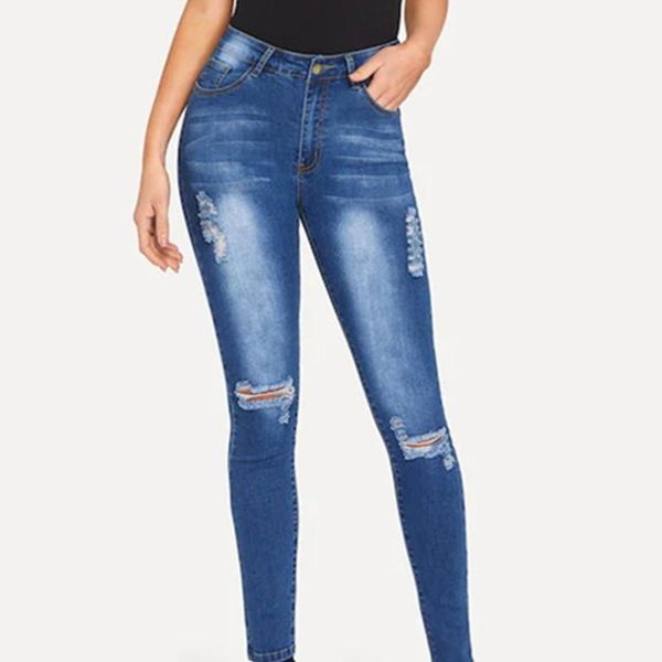 

2020 new amazon wish slim fit show holes jeans pants pants female manufacturers direct sales1, Blue