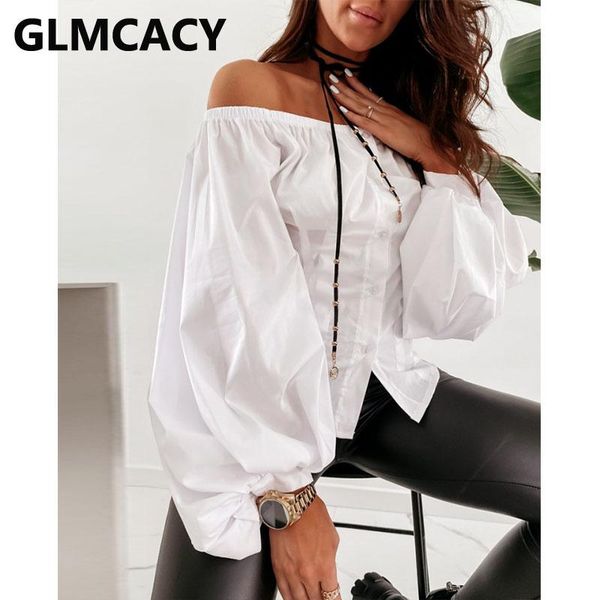 

women long lantern sleeve blouses off shoulder chic shirt, White