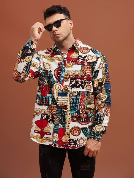 

extended sizes men graphic print button up shirt w9sa#, White;black