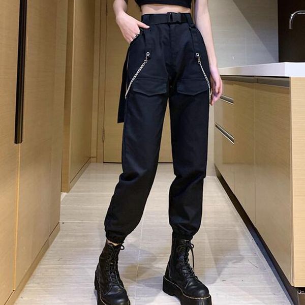 

streetwear cargo pants women casual joggers with chains 2020 black high waist loose female trousers korean punk style lady pant t200422, Black;white