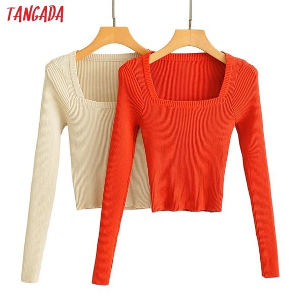 

tangada women fashion elegant square collar knitted sweater jumper slim pullovers chic ai55 201221, White;black