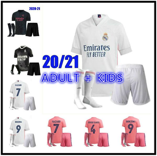 

men kids 20 21 real madrid soccer jersey kits 2020 2021 sergio ramos hazard jovic vinicius benzema modric football shirts child uniforms, Black