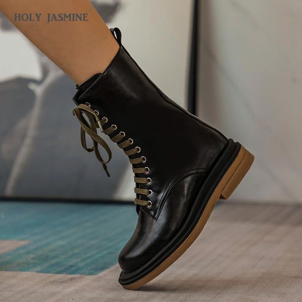 

genuine leather boots autumn and winter retro low (1cm-3cm) flat with ankle for women lace-up womens shoes tpr, Black