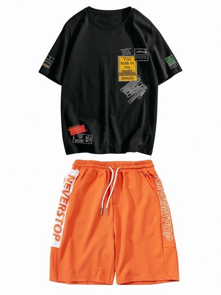 

men slogan graphic tee & drawstring waist shorts 96fq#, Gray