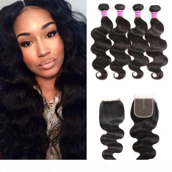 

unprocessed body wave bundles with lace closure accessories brazilian virgin human hair extensions malaysian weave bundles ing, Black