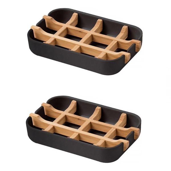 

2pcs drain soap dish bathroom soap storage box bamboo draining tray holder