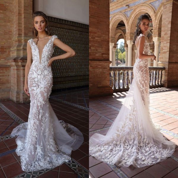 

2021 mermaid wedding dresses 3d-floral appliques capped sleeves lace beads bridal gowns custom made sweep train beach robe de soiree, White