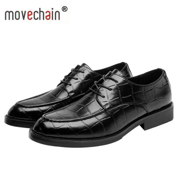 

movechain men's fashion business casual lace up men oxford pattern leather dress shoes luxury crocodile grain square toe, Black