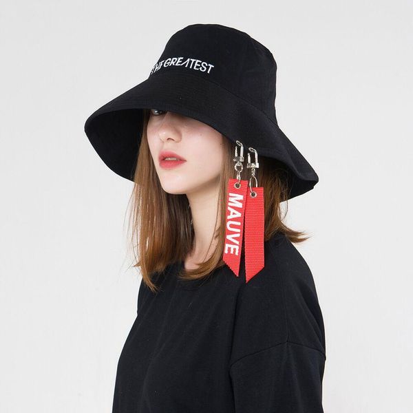 

fashion personality female ribbon letter basin cap autumn and winter new flat big brim bucket hats iron ring bucket hats wmtfej xhlove, Black;white