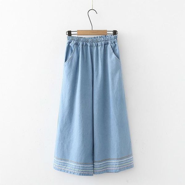 

summer autumn women denim wide leg pants jeans elastic high waist trousers casual loose bottoms pantalon palazzo, Blue