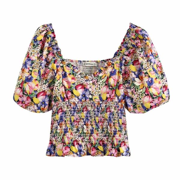 

color flower printing lantern sleeve woman shirt v neck smock 2021 fashion ladies elastic blouse loose s7163, White