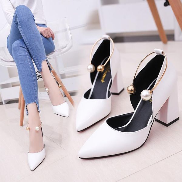 

temperament elegant pearl high heels 2021 new white thick with single shoes middle hollow fashion simple womens shoes work, Black