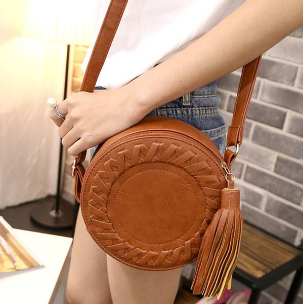 

woman round casual shoulder bag female adjustable braided tassel small round bag lady versatile funny bolsa feminina 2020 #n