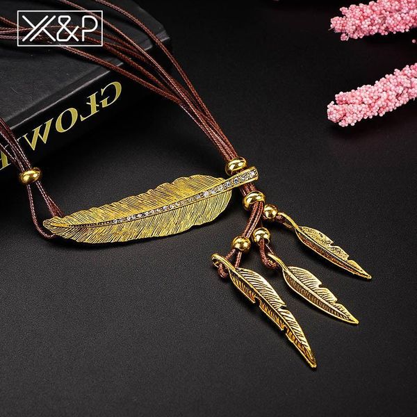 

pendant necklaces x&p 2021 vintage ethnic metal feather drop necklace for women man fashion statement girl boy rope chain india jewelry1, Silver