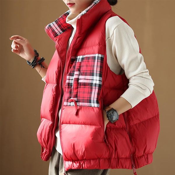 

women winter thick warm down vest coat vintage retro white duck down vest oversize colete mujer gilet casaco feminino, Black