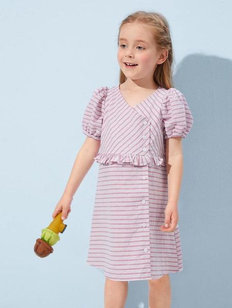 

toddler girls puff sleeve ruffle detail striped dress she, Red;yellow
