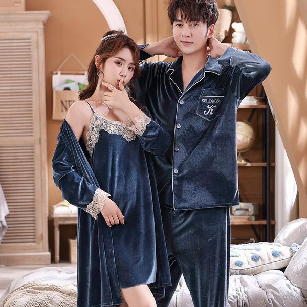 

women's sleepwear women velvet velour nightwear chinese female autumn winter robe gown long sleeve couple lovers pajamas, Black;red