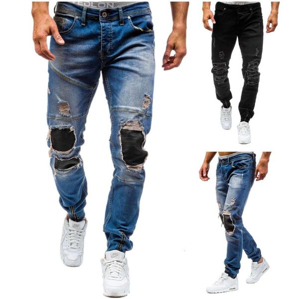 

men's jeans cotton boutique european size hole long pants, Blue