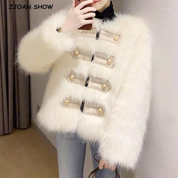 

keep warm winter white hairy shaggy faux fur jackets vintage spliced leather buttons long sleeve furry coat loose outerwear1, Black