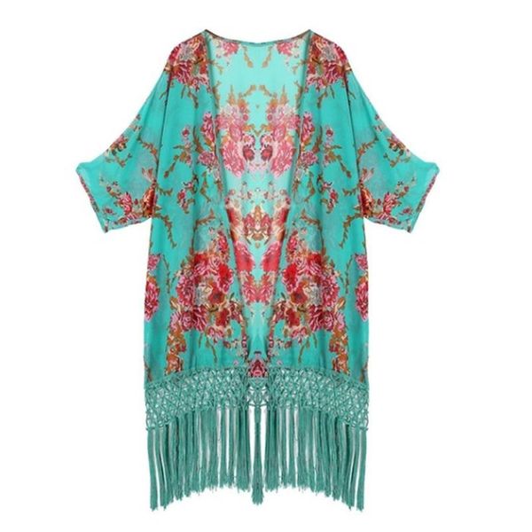 

women's blouses & shirts women beach cover up ladies sun protection clothing green fringed shawl kimono chiffon wear shirt boho tunic, White