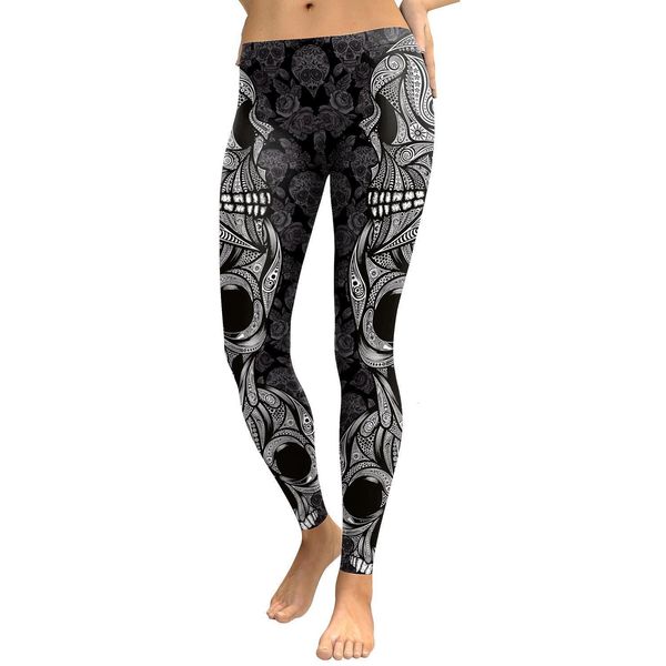 

rose skull head print leggings women high waist slim fitness leggings elastic causal leggings plus size leggins mujer, Black