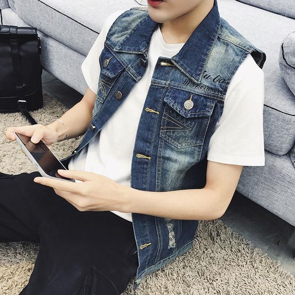 

wholesale 2019 new korean washing men's cowboy men's denim vest shoulder embroidery casual teenagers biker sleeveless vest1, Black;white