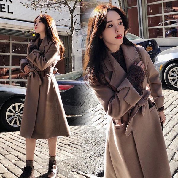 

women's coats wool blends parkas jacket pockets belted cardigan trenchcoat brown black outerwear1