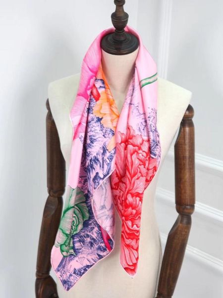 

2020 new arrival spring classic pattern 100% pure silk scarf twill hand made roll 90*90 cm shawl wrap for women lady, Blue;gray