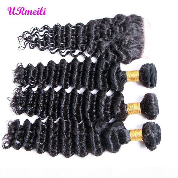 

deep wave human hair 3 bundles with lace closure malaysian unprocessed virgin remy hair 30 inch bundles with closure human hair weave, Black;brown