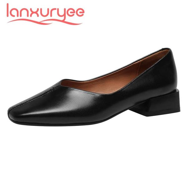 

lanxuryee 2021 simple style full grain leather handmade square toe thick med heel slip on young lady dress basic women pumps l03, Black
