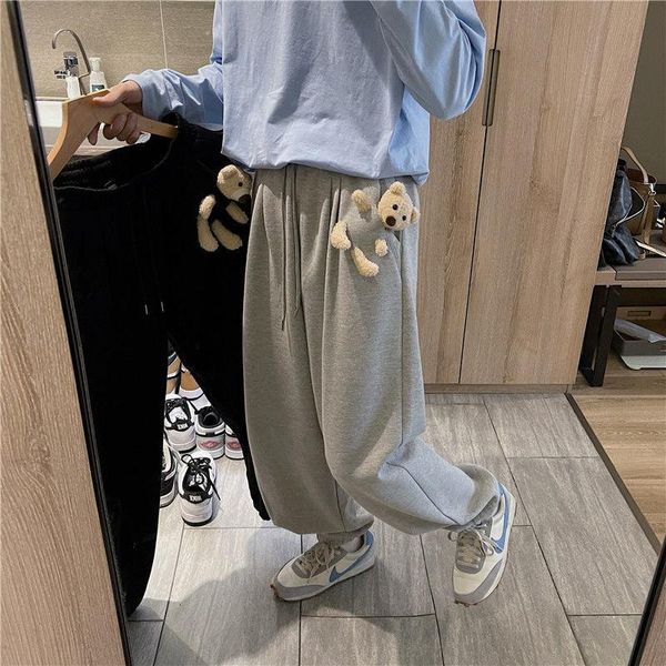 

neploha men's bear casual pants sportswear girls fashion streetwear pants harajuku straight hip hop oversize, Black